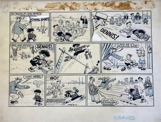 David Davey Law (1908-1971). Dennis the Menace: An original blue crayon and ink cartoon strip, Dennis doesnt need to cheat - to run